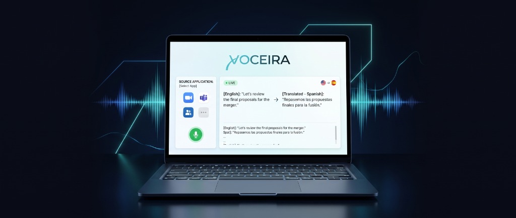Interfaz de Voceira en una laptop mostrando traducción en tiempo real
